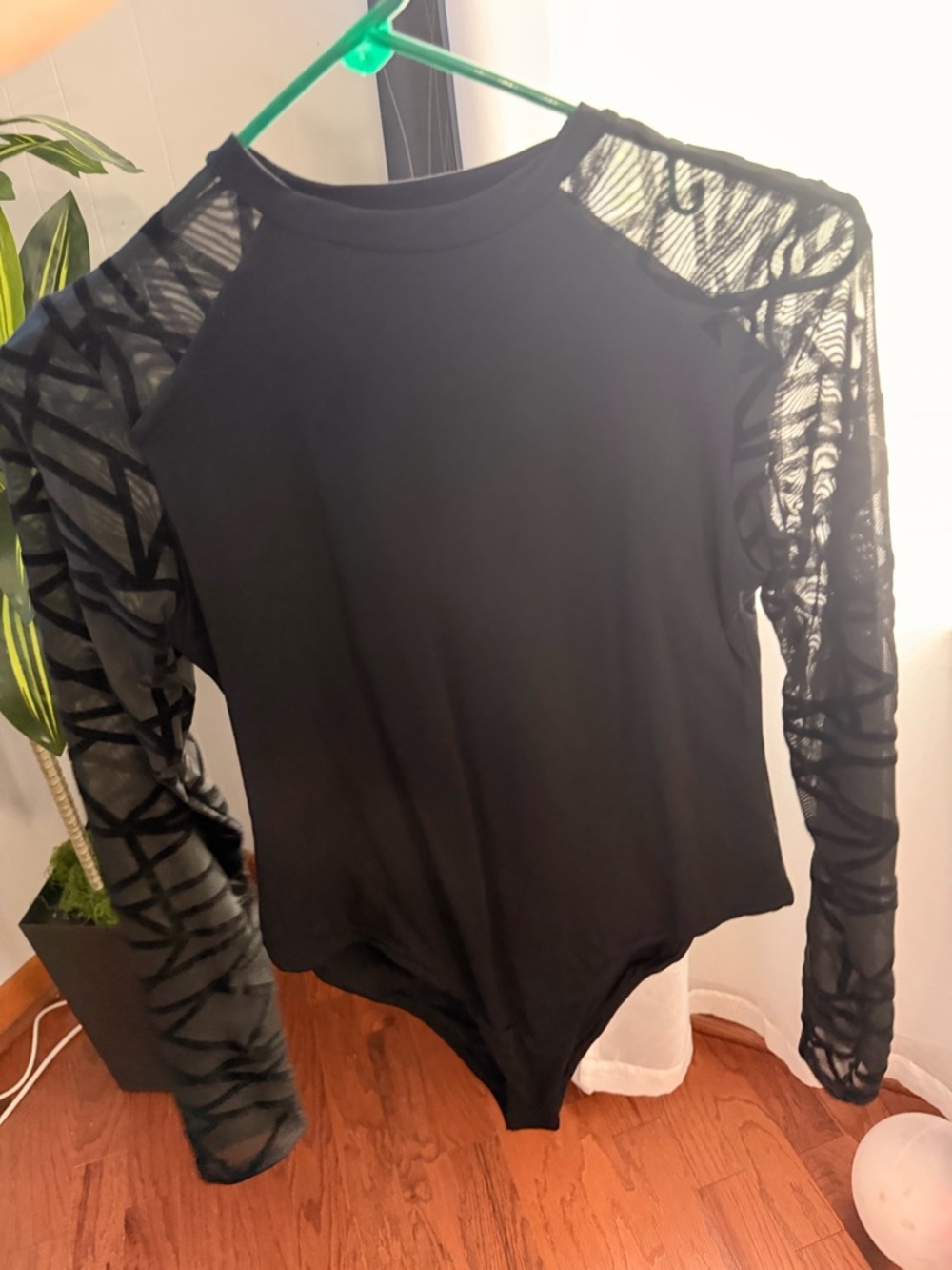 Black Long-Sleeve Mesh Patterned Bodysuit